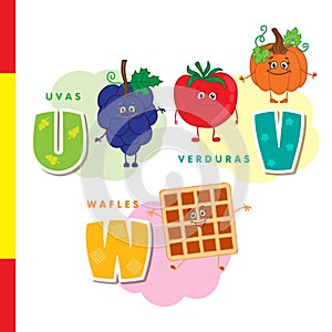 Spanish alphabet. Grapes, vegetables, waffles. Vector letters and characters.