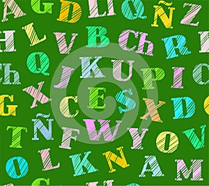 Spanish alphabet, seamless pattern, shading pencil, green, colored, vector.