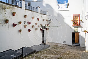 Spanish architecture style buildings with whitewashed walls and flower pots