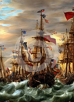 Spanish Armada ca 1588. Fictional Battle Depiction. Generative AI.