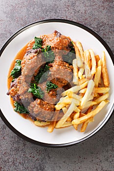 Spanish Bull Tail Stew Rabo De Toro served with french fry closeup in the plate. Vertical top view