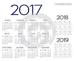 Spanish Calendar 2017-2018-2019 vector text is outline version 1