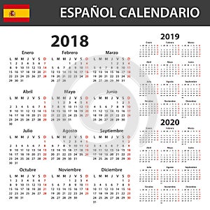 Spanish Calendar for 2018, 2019 and 2020. Scheduler, agenda or diary template. Week starts on Monday