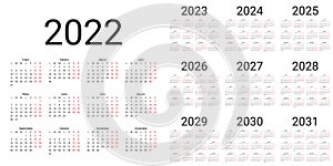 Spanish Calendar 2022 2023 2024 2025 2026 2027 2028 2029 2030 2031 years. Vector illustration. Simple template