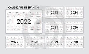 Spanish Calendar 2022 2023 2024 2025 2026 2027 2028 2029 2030 years. Simple pocket template. Vector illustration