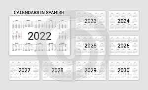 Spanish Calendar 2022, 2023, 2024, 2025, 2026, 2027, 2028, 2029, 2030 years. Simple pocket template. Vector illustration