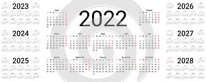 Spanish Calendar 2022, 2023, 2024, 2025, 2026, 2027, 2028 years. Simple pocket template. Vector illustration