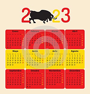 Spanish calendar for 2023. Bull body