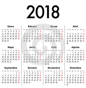 Spanish calendar grid for 2018.
