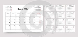 Spanish 2024 calendar. Planner template. Vector illustration. Table schedule grid photo