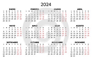 2024 spanish calendar. Printable vector illustration for Spain. 12 months year calendario photo