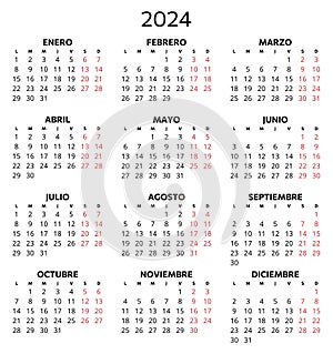 2024 spanish calendar. Printable vector illustration for Spain. 12 months year calendario photo