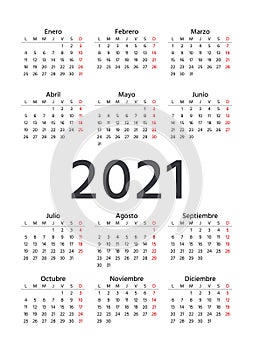 2021 Spanish Calendar. Vector illustration. Template, layout year planner photo