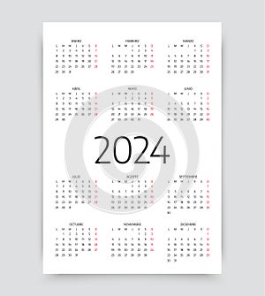 Spanish Calendar for 2024 year. Simple pocket, wall template. Vector illustration photo