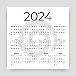 2024 Spanish Calendar. Vector illustration. Simple template with 12 month photo
