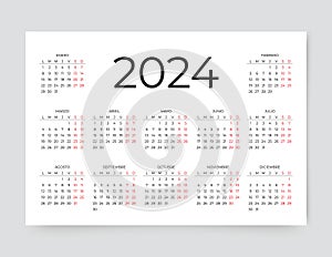 Spanish calendar for 2024 year. Template of grid with 12 month. Vector illustration photo