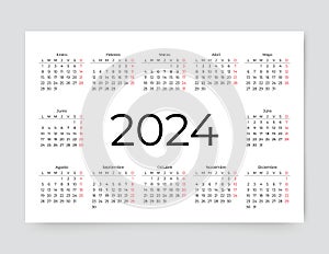 2024 year Spanish calendar template. Simple pocket layout. Vector illustration photo