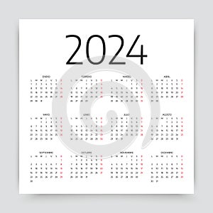 Spanish Calendar for 2024 year. Vector illustration. Simple template photo