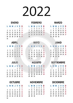 Spanish calendar 2022 year. Week starts from Monday. Vector photo