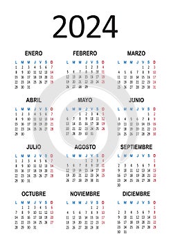 Spanish calendar 2024 year. Week starts on Monday. Vector photo