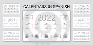 Spanish Calendar 2022, 2023, 2024, 2025, 2026, 2027, 2028 years. Simple pocket template. Vector illustration photo