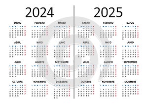Spanish calendar 2024 2025 years. Week starts on Monday. Vector photo