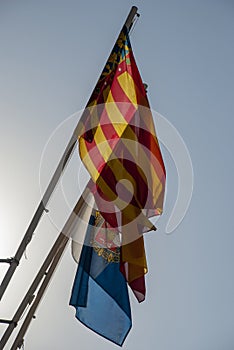 Spanish, Catalonian and European Flag next to each other