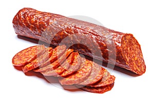 Spanish chorizo sausage on white background