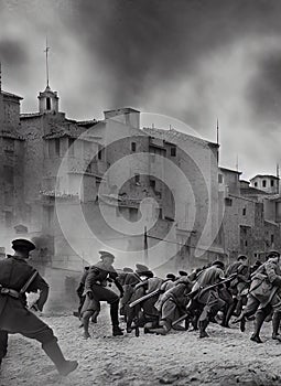 Spanish Civil War ca 1937. Fictional Battle Depiction. Generative AI.