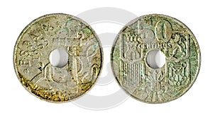 Spanish coins - 2 Reales or 50 cents, Francisco Franco. Minted in nickel in 1963