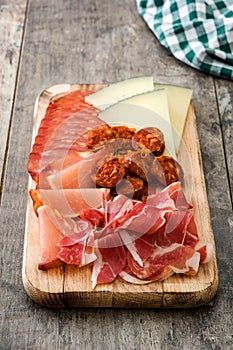 Spanish cold cuts embutidos. Cheese, sausage and ham