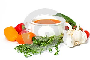 Spanish cold tomatoe soup gazpacho isolated on white background