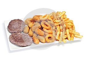 Spanish combo platter with burgers, croquettes, calamares and fr photo