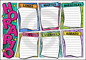 Spanish Comic template of a school schedule for 6 days