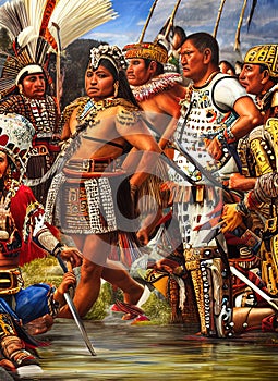 Spanish conquest of the Aztec Empire ca 1521. Fictional Battle Depiction. Generative AI.