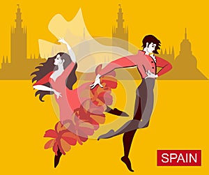 Spanish couple - girl dressed in red dress, and man wearing national clothes with flying cloak - are dancing flamenco