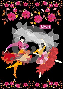 Spanish couple in national clothes dancing flamenco in a night garden isolated on black background. Manton and raincoat