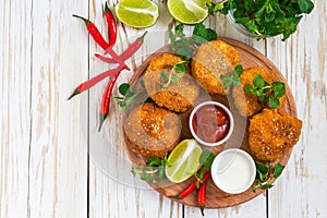 Spanish croquetas croquettes with shrimp, mint and chilly