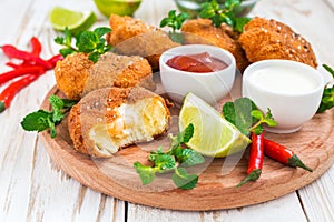 Spanish croquetas croquettes with shrimp, mint and chilly photo