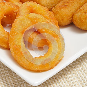 Spanish croquettes and calamares a la romana, squid rings photo