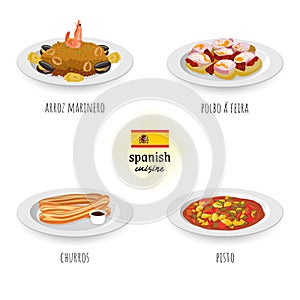 Spanish cuisine arroz marinero, polbo Ã¡ feira, churros, and pisto  in white isolated background.