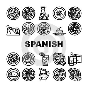 spanish cuisine food spain paella icons set vector