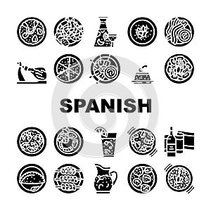 spanish cuisine food spain paella icons set vector