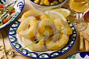 Spanish Cuisine. Fried Squid Rings. Calamares a la Romana. photo