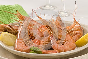 Spanish cuisine. Grilled shrimps. photo