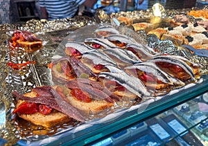 Spanish Cuisine, Madrid, Spain. Pinchos anchoa