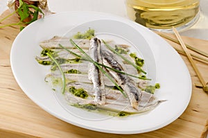 Spanish Cuisine. Marinated fresh anchovies. Boquerones.