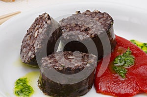 Spanish Cuisine. Morcilla de Burgos. Black Pudding.