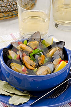 Spanish Cuisine. Mussels in Sauce. Mejillones a la Marinera. photo