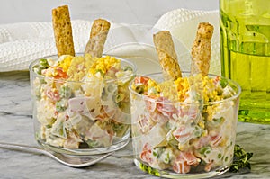 Spanish Cuisine. Russian salad or Olivier Salad.Ensaladilla rusa